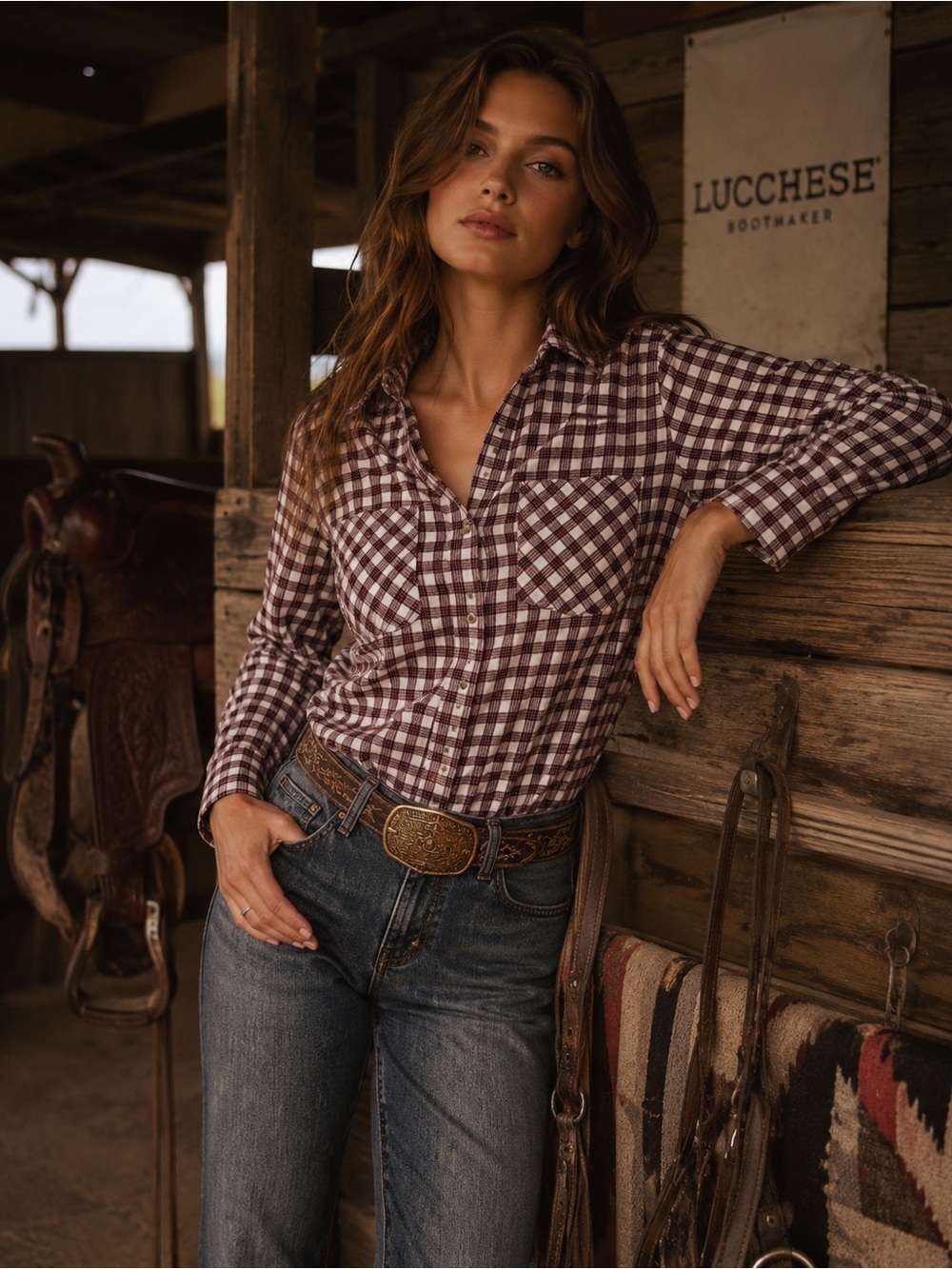 Burgundy and White Plaid Button Shirt